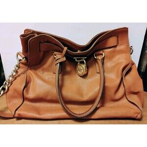 Michael Kors Hamilton Large Leather Satchel Tote Bag Luggage Brown Gold Lock MK